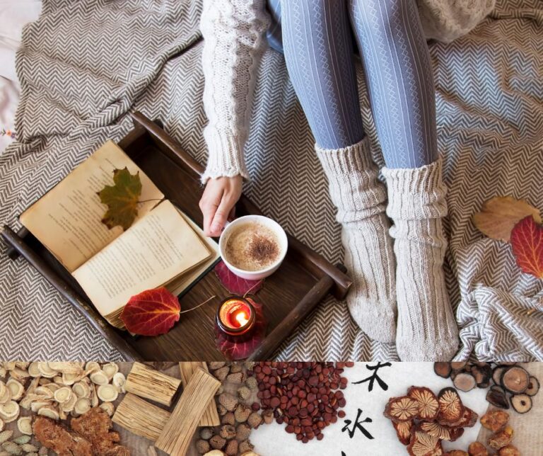 A cozy winter scene with a steaming cup of tea, a warm blanket, and a person sitting by a window, symbolizing self-care and balance during the winter season.