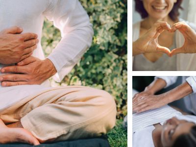 A serene Reiki session with a person lying on a treatment table, hands gently placed for energy healing. Text overlay highlights the connection between Reiki, gratitude, and self-care during the holiday season.