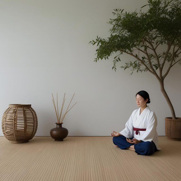 A serene landscape embodying the concept of Yohaku (余白), the beauty of empty space. A woman sits peacefully by a river, gazing at a breathtaking rainbow stretching across the sky, symbolizing reflection, stillness, and mindfulness.