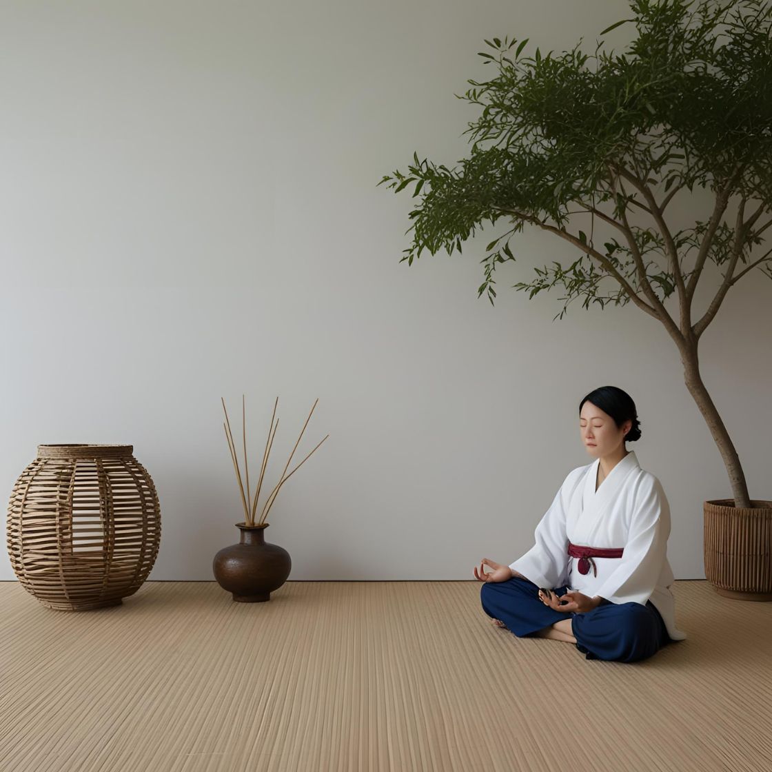 A serene landscape embodying the concept of Yohaku (余白), the beauty of empty space. A woman sits peacefully by a river, gazing at a breathtaking rainbow stretching across the sky, symbolizing reflection, stillness, and mindfulness.