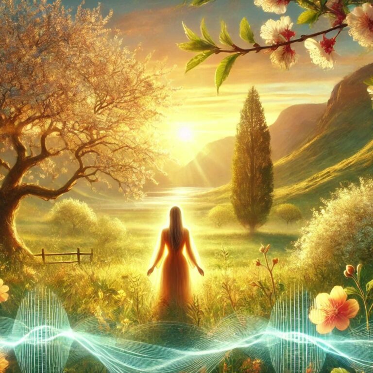 A serene spring landscape symbolizing renewal and energy balance. A woman stands calmly in nature, surrounded by blooming flowers and golden sunlight, embracing the fresh air. Soft energy waves subtly flow around her, representing alignment, manifestation, and seasonal transformation.