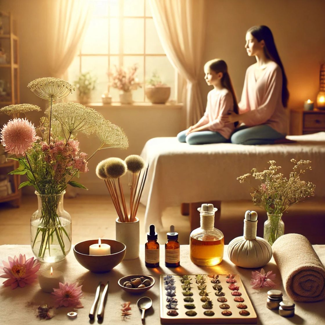 A calming therapy space with natural light, reflexology tools, herbal tea, and flower remedies. A mother and teenage daughter sit peacefully in the background, symbolizing emotional support, connection, and energy healing during exam stress.