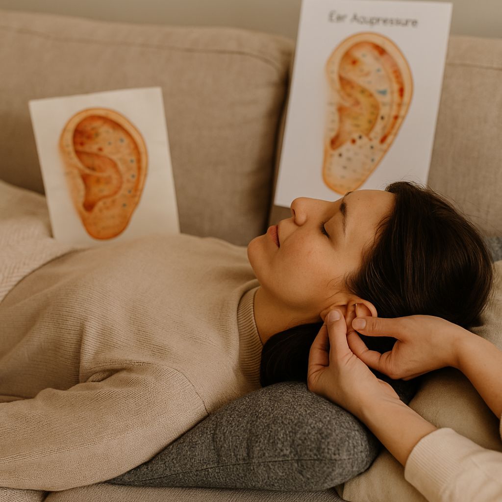 A calm, serene scene showing a woman gently massaging her ears, reflecting self-care and relaxation after an overstimulating or busy period, with soft natural light and a peaceful atmosphere.
