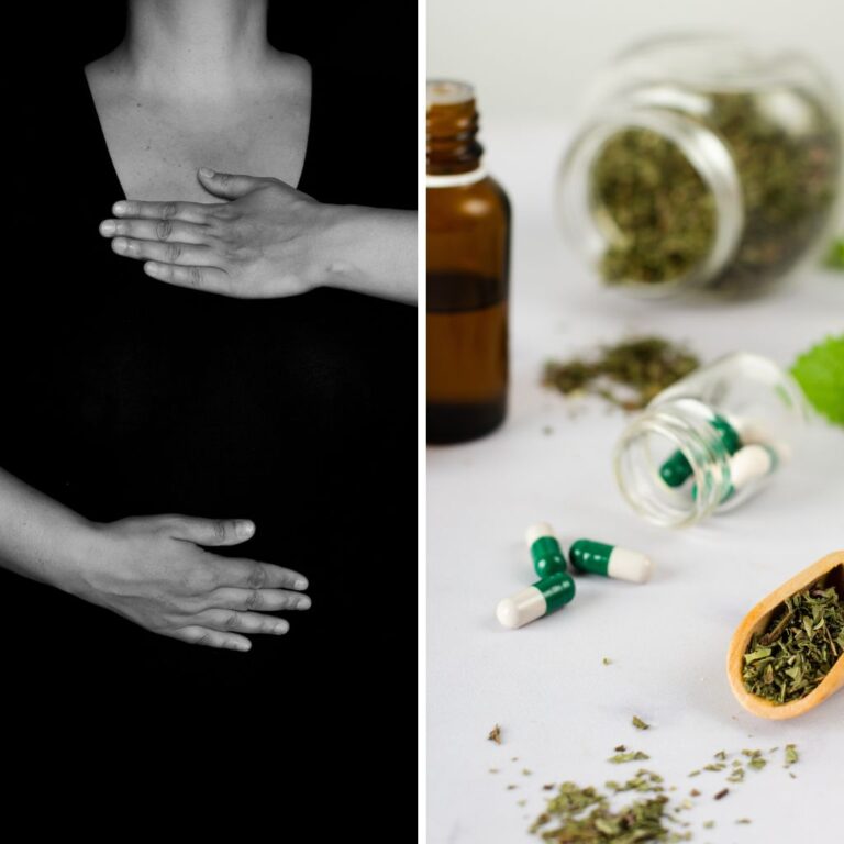 Top-down view of natural wellness scene with facial spa items like herbal tea, cucumber, candles, and aromatherapy alongside colorful healing crystals.