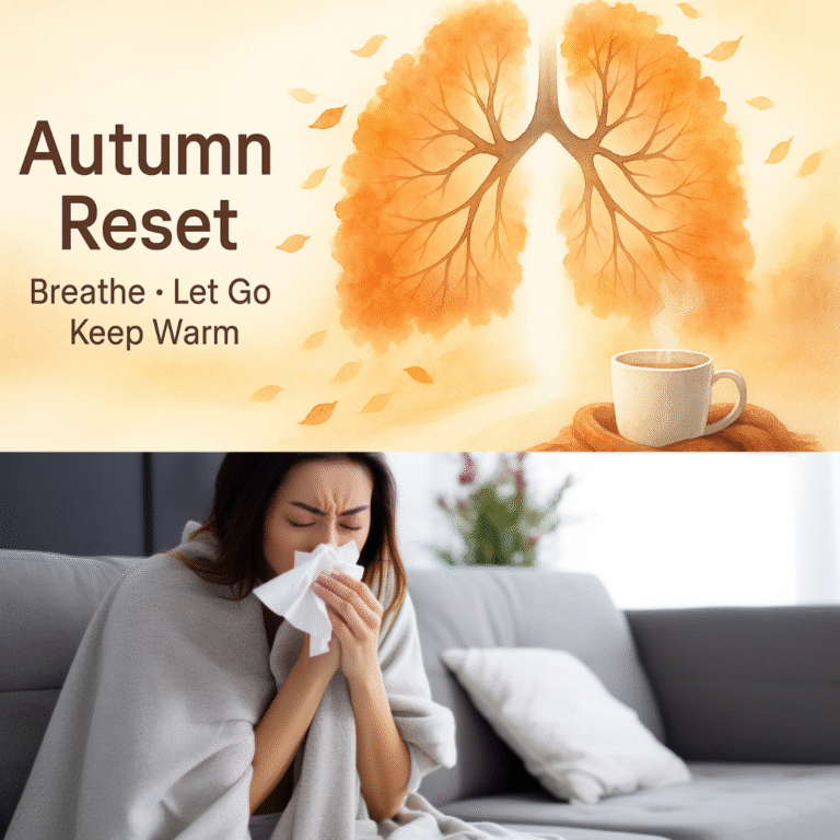 Watercolor lungs shaped like autumn trees with falling leaves and a steaming mug on a scarf; text: “Autumn Reset – Breathe • Let Go • Keep Warm