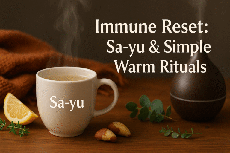 Warm cup of Sa-yu (plain boiled water) on a wooden table beside a soft scarf, eucalyptus sprig, and a notebook—symbolising an autumn immune reset and gentle self-care.