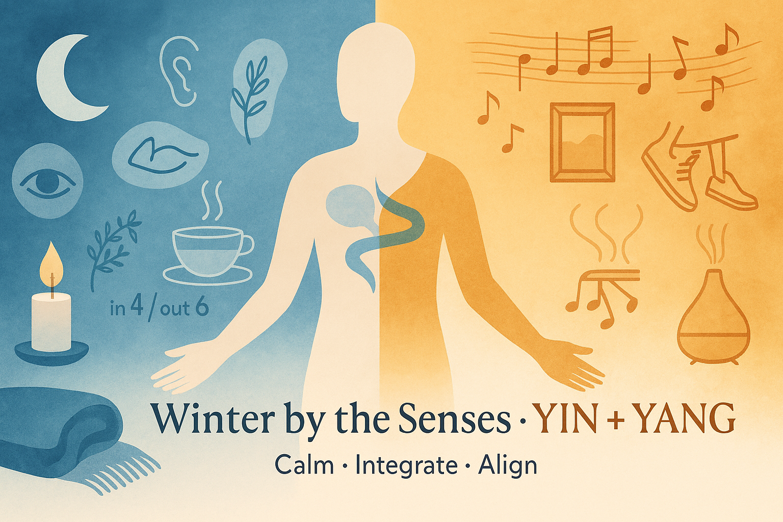 Hands holding warm mug; soft scarf, musical notes and autumn light—winter by the senses, yin and yang balance.