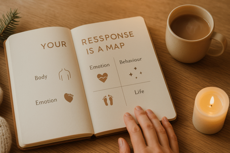 Open journal with simple icons for body, emotion, behaviour and life; warm mug and candle—your response is a map.