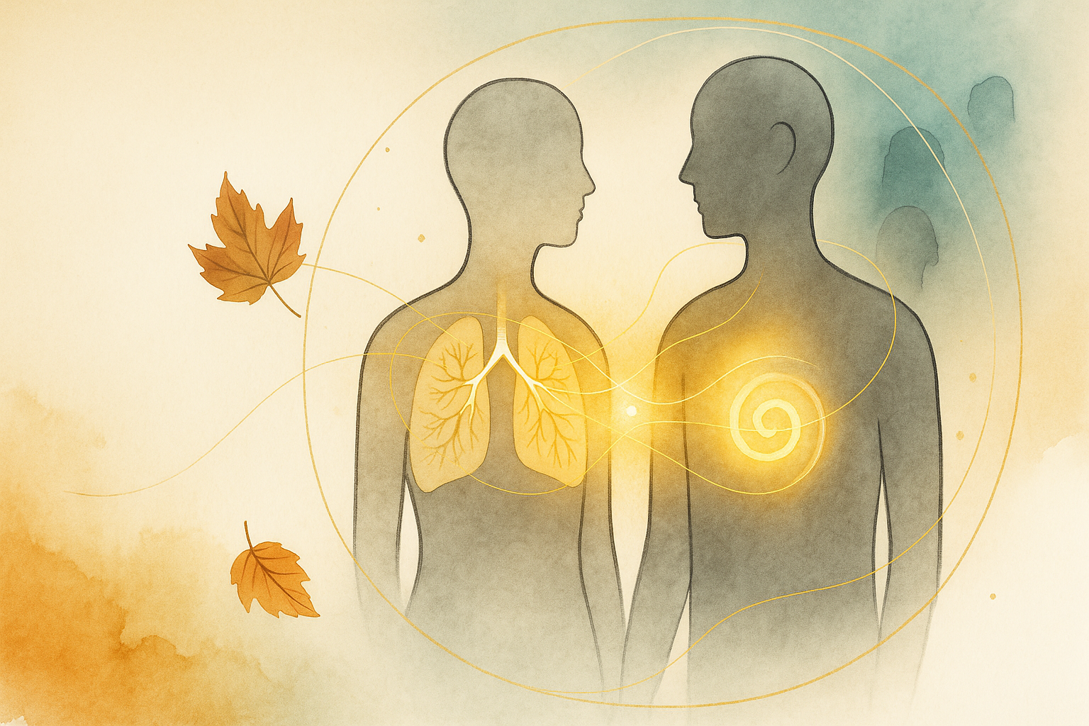 Two figures exchanging golden energy; lungs highlighted, autumn leaves—Autumn Reset: breathe, let go, keep warm.