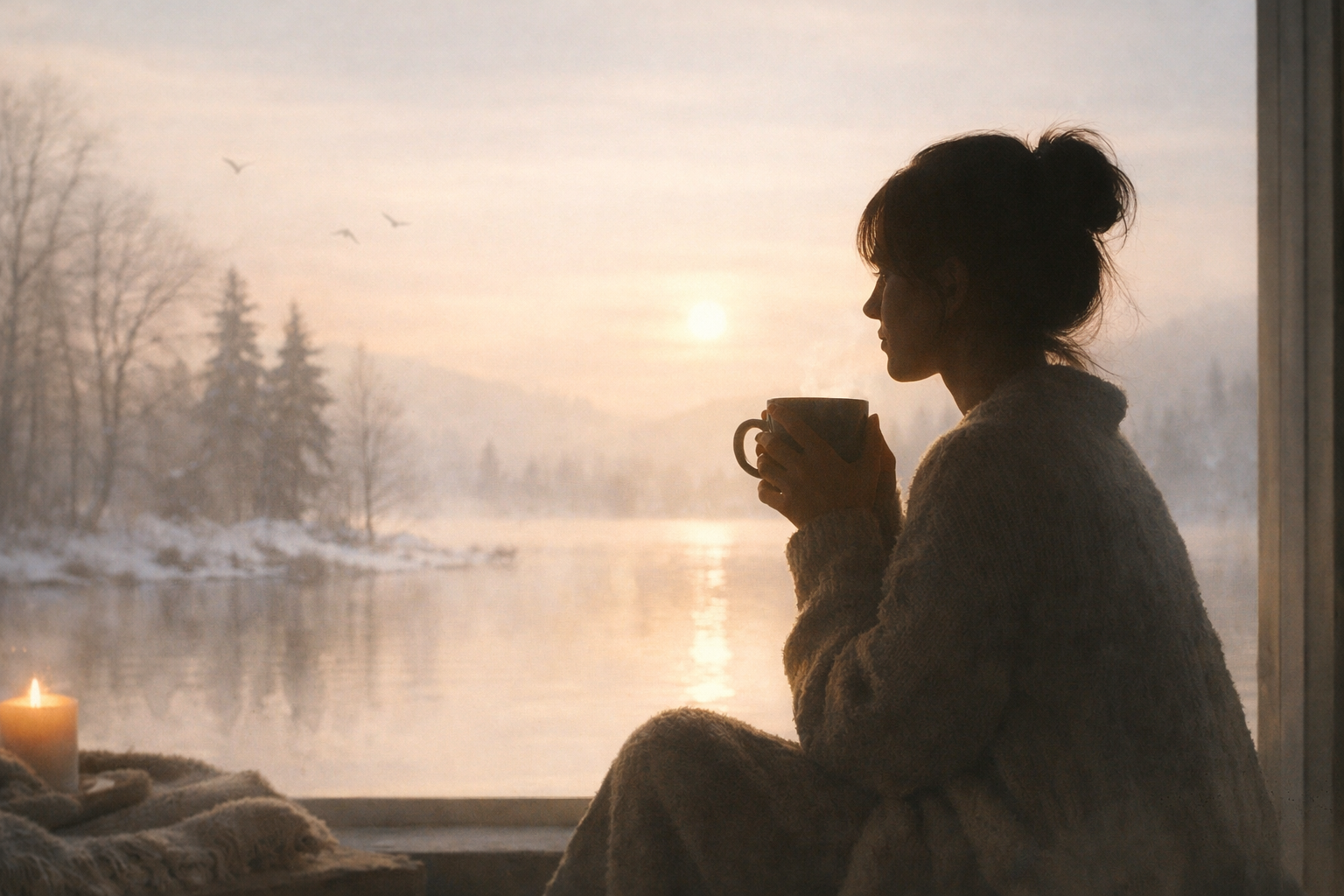 A woman holding a warm mug by a window, pausing quietly in winter light to reset her nervous system.