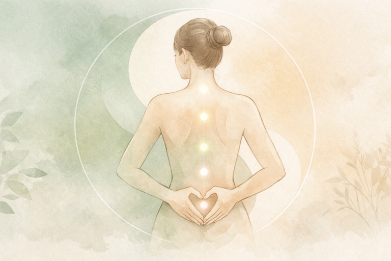 Person gently holding their lower back, representing back pain relief and body awareness.