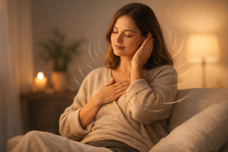 Calm person with hand on heart, representing soothing anxiety and nervous system regulation.