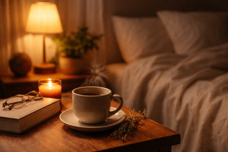 Warm evening wind-down scene with soft light and a cup of tea, symbolising nervous system safety and better sleep.