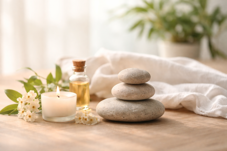 Cozy wellness scene with warm light, a cup of herbal tea, and soft bedding, representing calming, relaxing and resting.