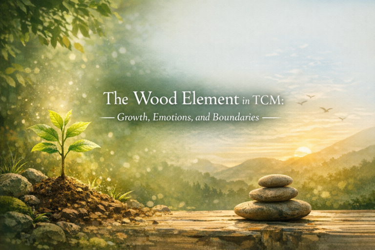 A young plant growing in sunlight with stacked stones, representing the Wood element in Traditional Chinese Medicine, symbolising spring, growth, balance, and emotional wellbeing.
