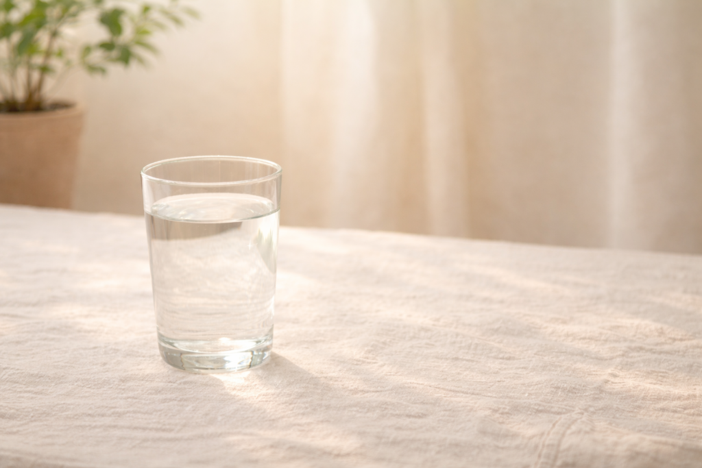 A glass of water in soft natural light representing simplicity, hydration, and holistic wellbeing.