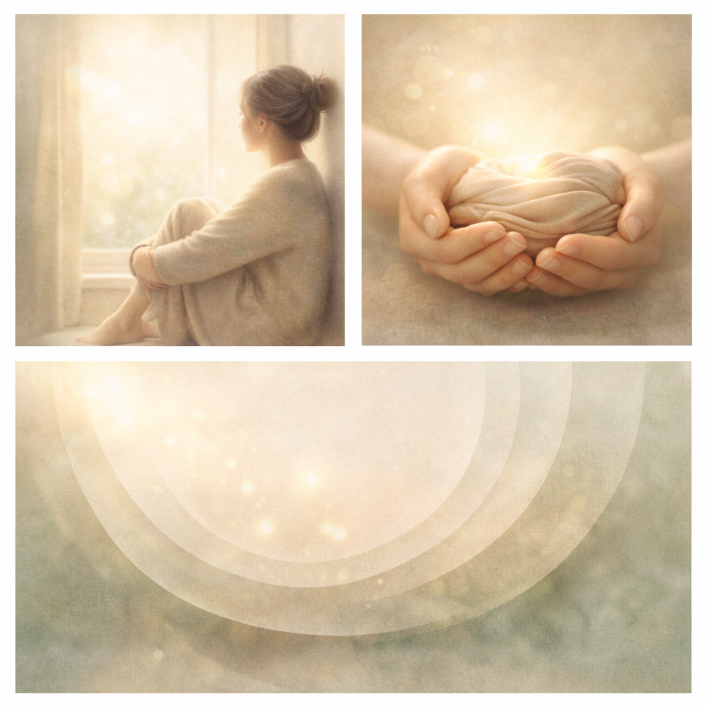 A woman sitting quietly by a window in soft light, reflecting and holding emotions, representing connection, emotional awareness, and inner balance.